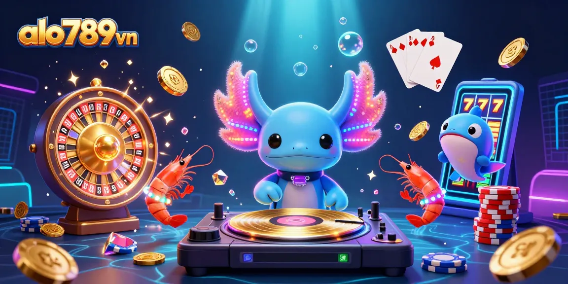 Experience excitement with alo789vn's vibrant casino scene featuring a neon axolotl DJ and dazzling game elements.