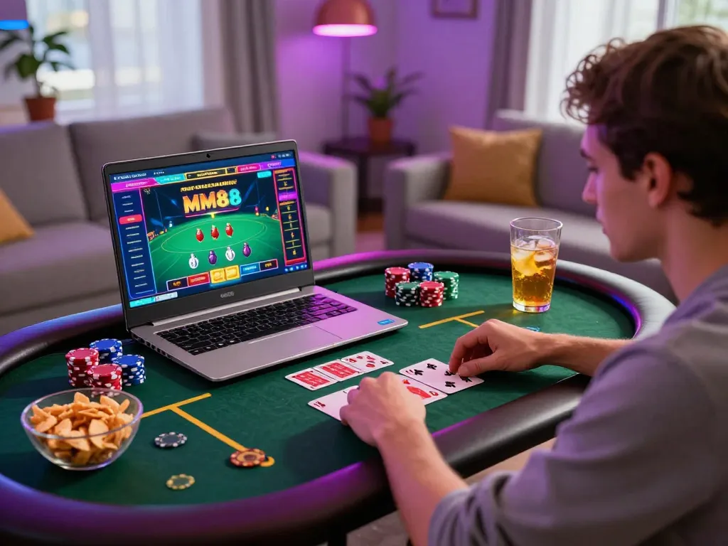 Exciting online gaming experience at home with MM88's vibrant interface and gaming setup.