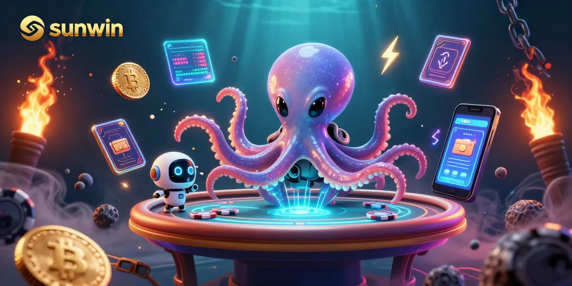 Experience dynamic excitement at sunwin with an alien octopus dealer amidst glowing crypto elements.