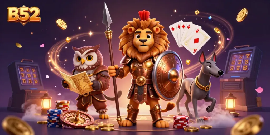 B52's thrilling adventure with a bronze lion, owl, and greyhound amidst casino elements.