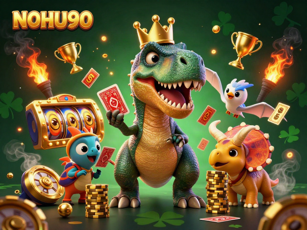 Engage with NOHU90, an online casino featuring vibrant cartoon dinosaurs enjoying a game atmosphere.