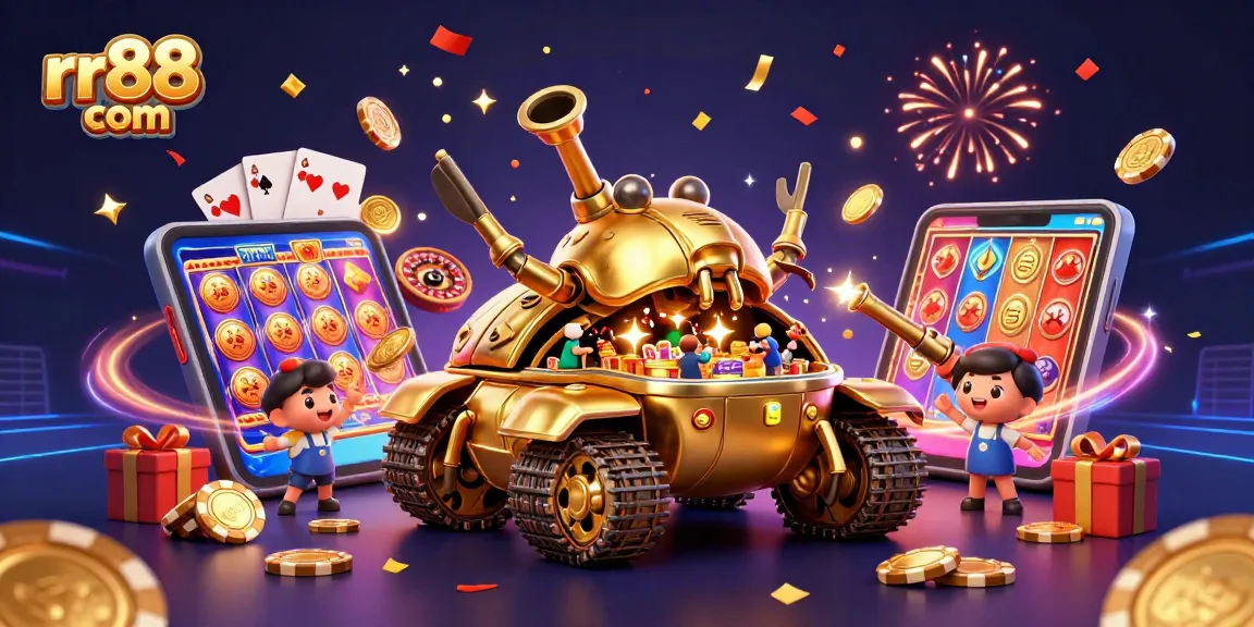 Experience excitement at rr88 com with a festive 3D casino scene featuring golden beetles and slot games.