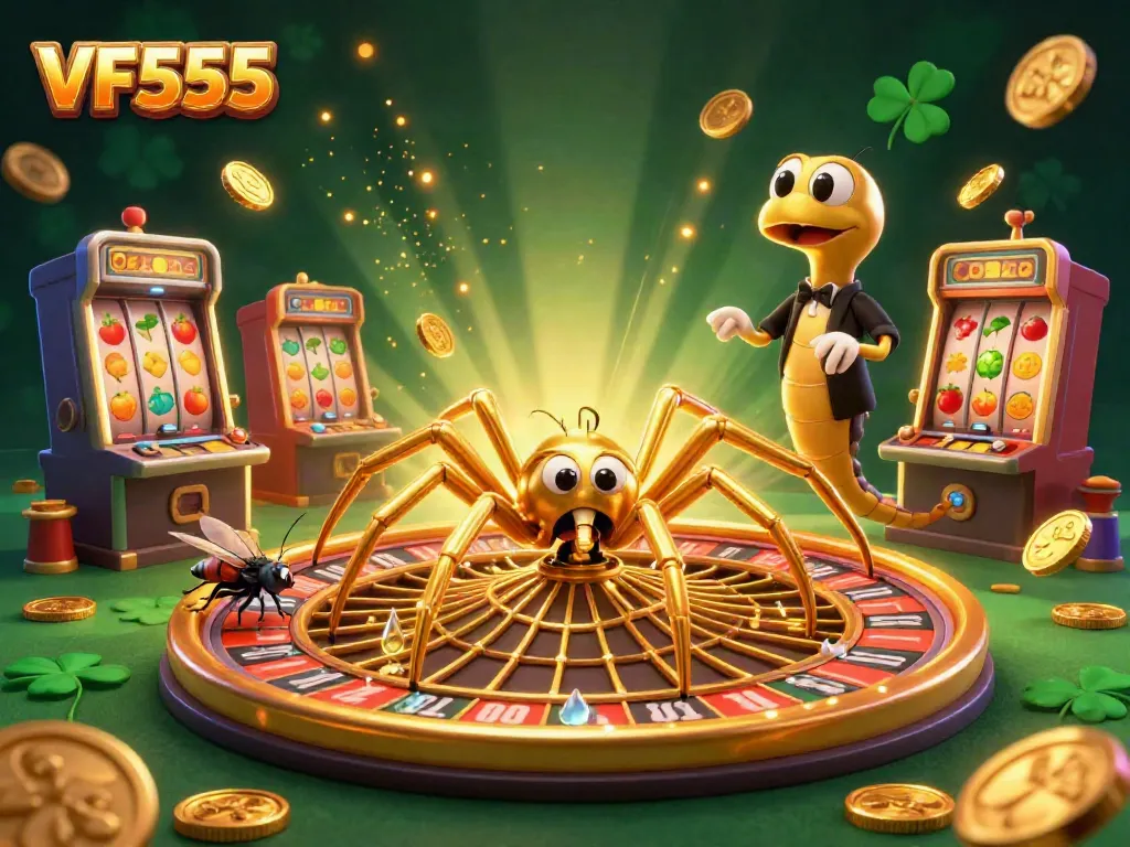 Bet on winnings with VF555 in a vibrant casino scene featuring a spinning roulette-shaped web.
