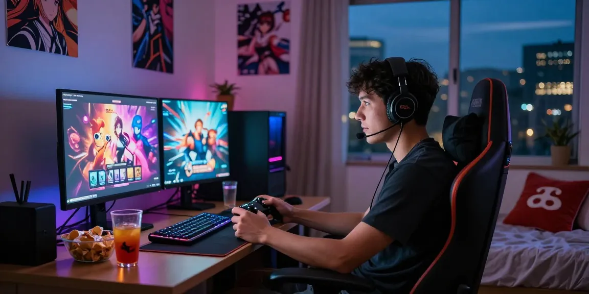 Gamer enjoying free hentai games in a cozy bedroom atmosphere with colorful lighting.