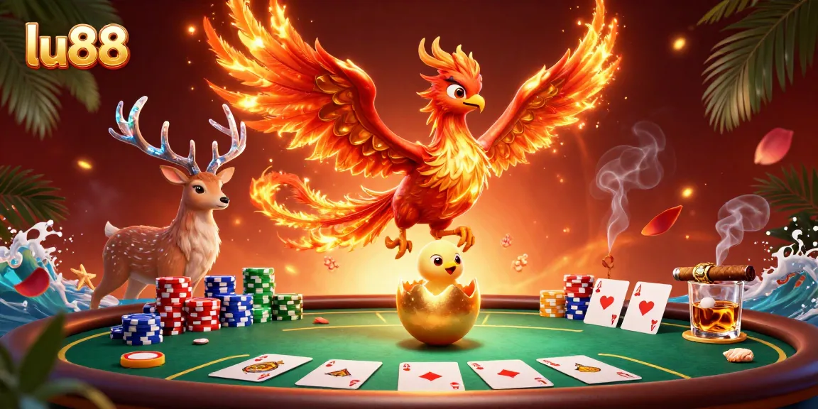 Win at lu88 with a blazing phoenix and poker elements illustrating casino excitement.