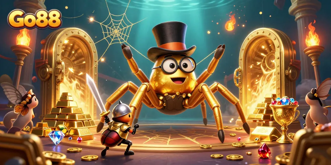 Experience Go88's vibrant online casino gaming world with captivating characters and golden treasures.