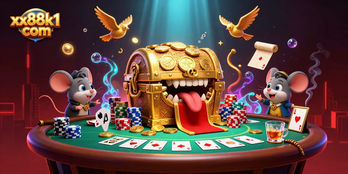 Experience the thrill of xx88k1 com with a golden treasure chest and animated poker elements