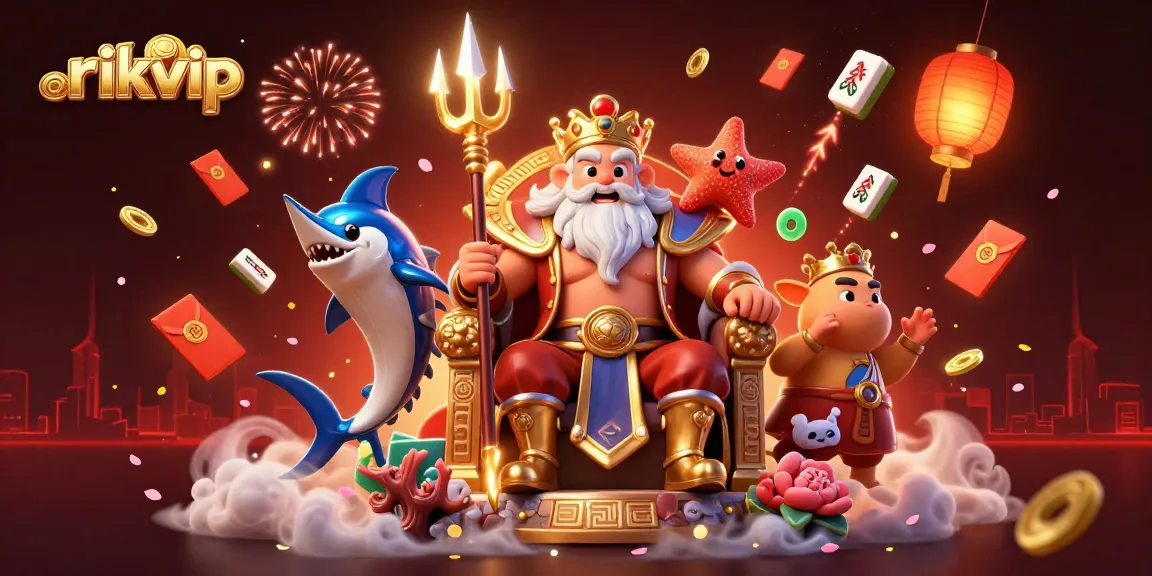 Experience the excitement of rikvip with 3D cartoon Neptune and vibrant game elements.