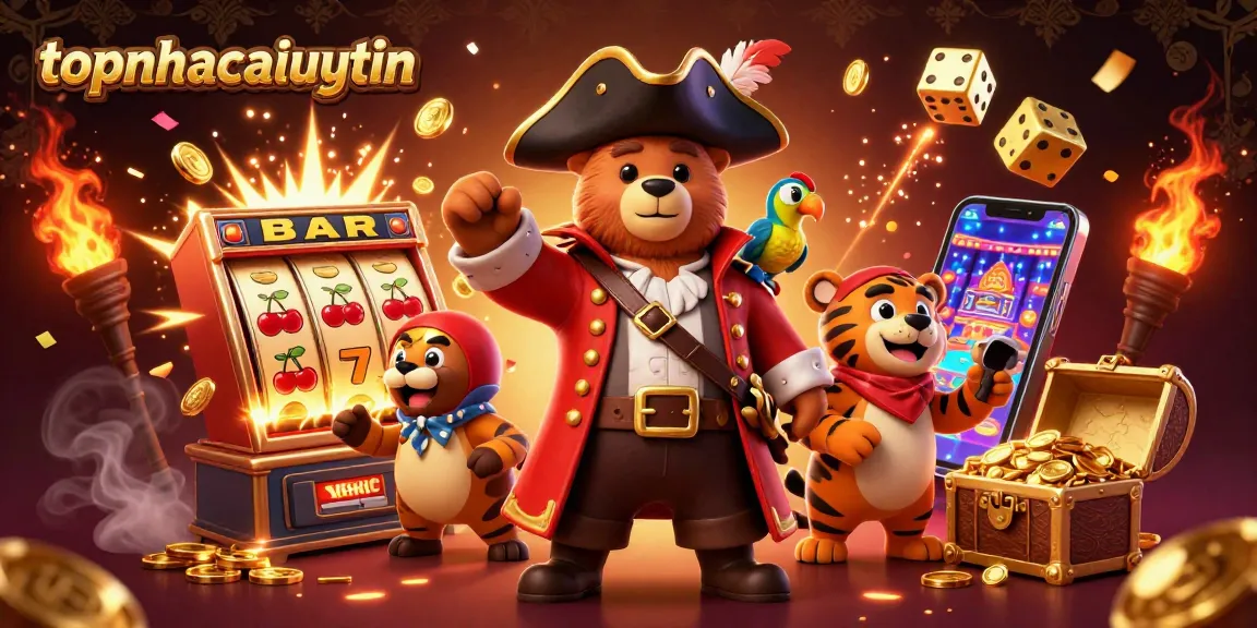 Explore topnhacaiuytin with a vibrant 3D illustration showcasing a pirate bear, tiger first mate, and golden parrot amid a jackpot explosion.