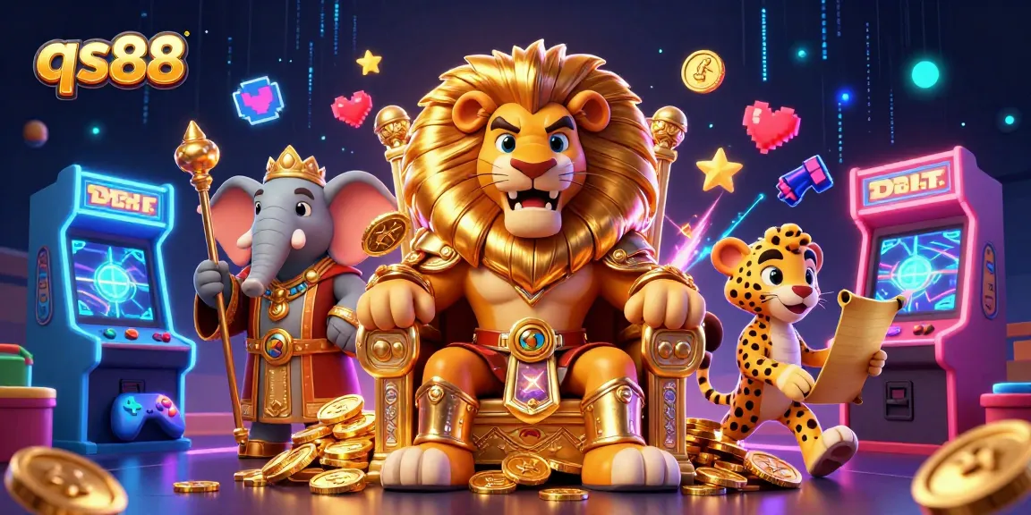 Experience the excitement of qs88 with a vibrant 3D casino scene showcasing a lion king, elephant advisor, and cheetah messenger.